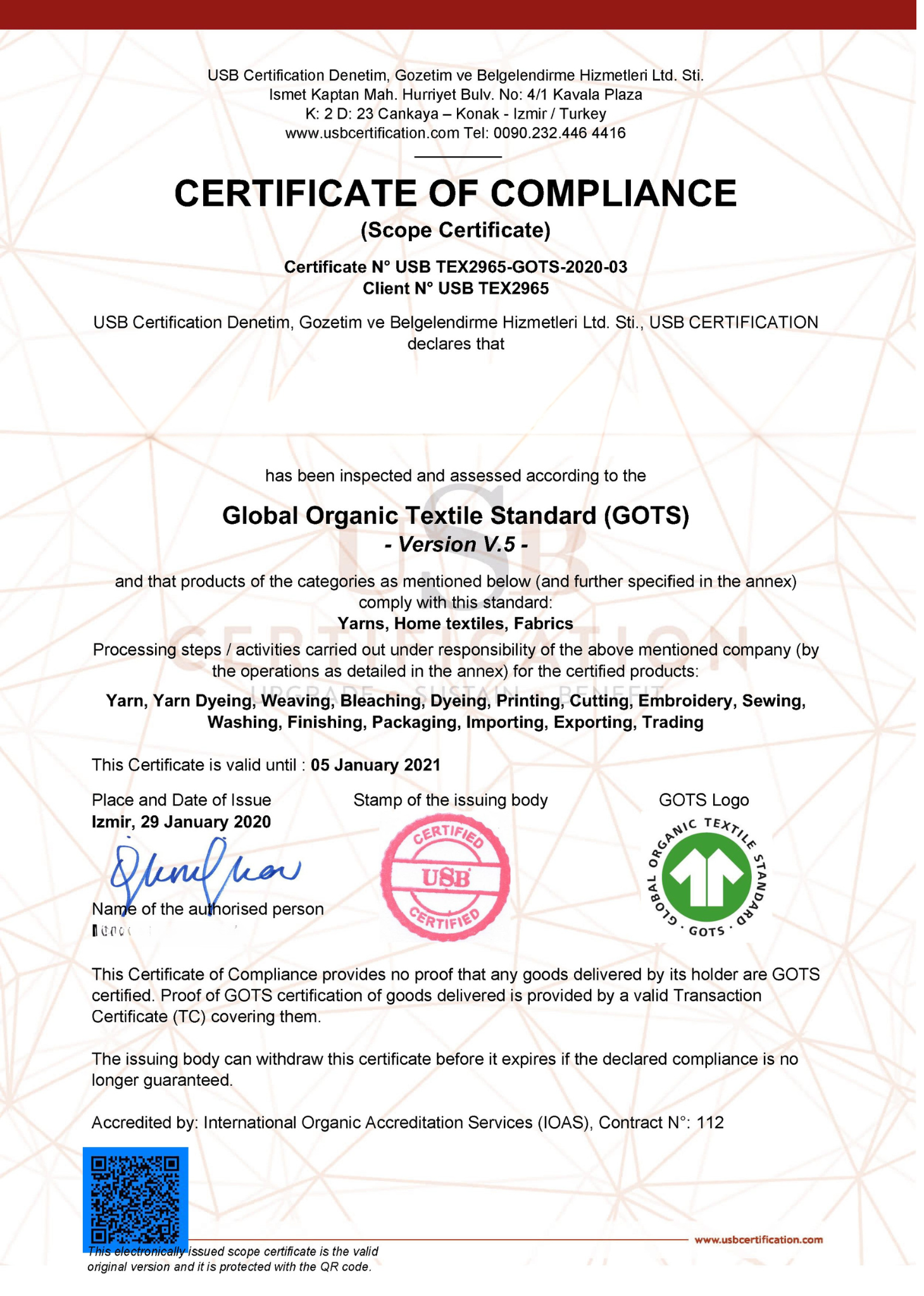 Knitwear Apparel Manufacturing Certifications - Global Organic Textile Standard Certificate