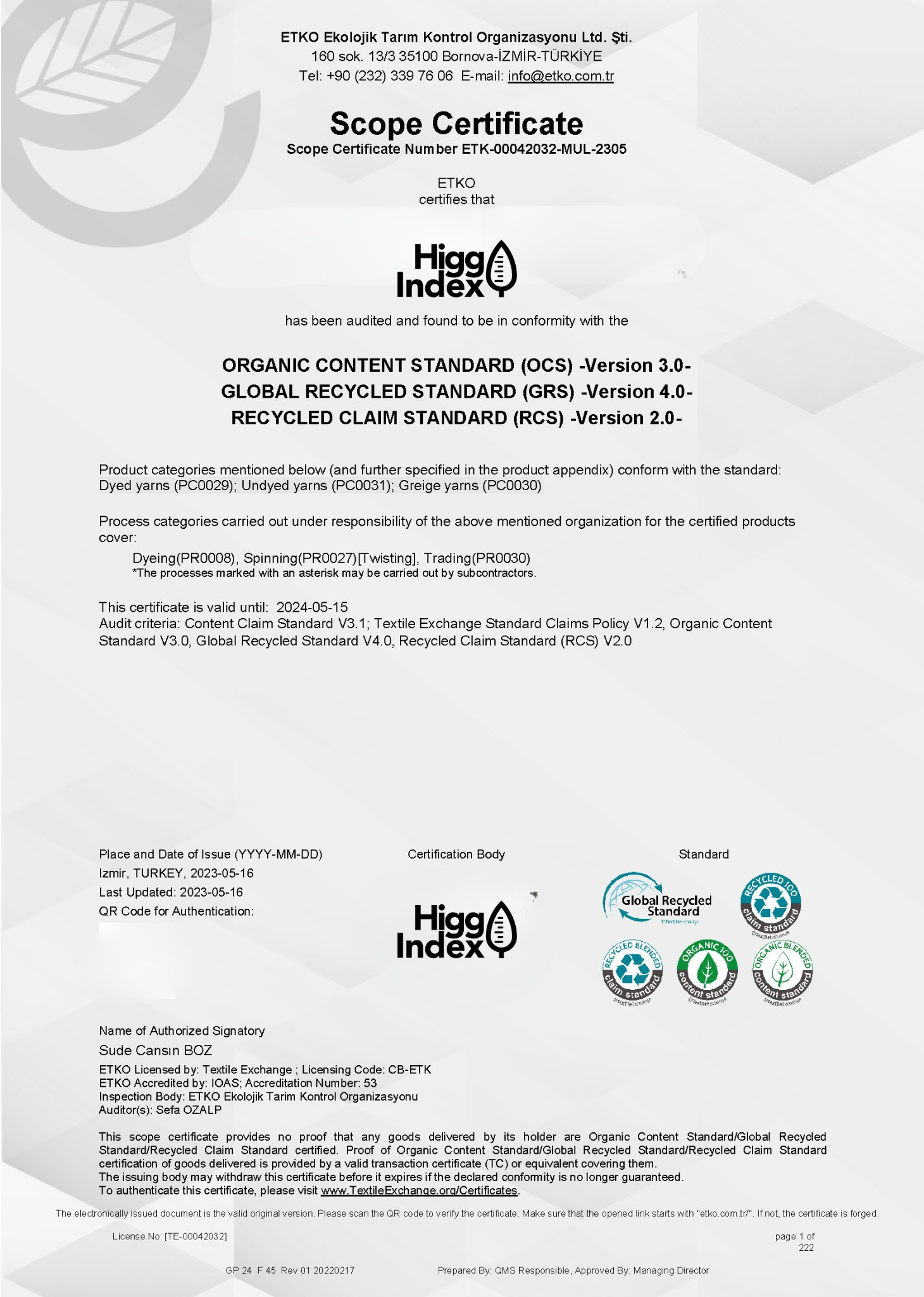 Knitwear Apparel Manufacturing Certifications - Higg Index Certificate