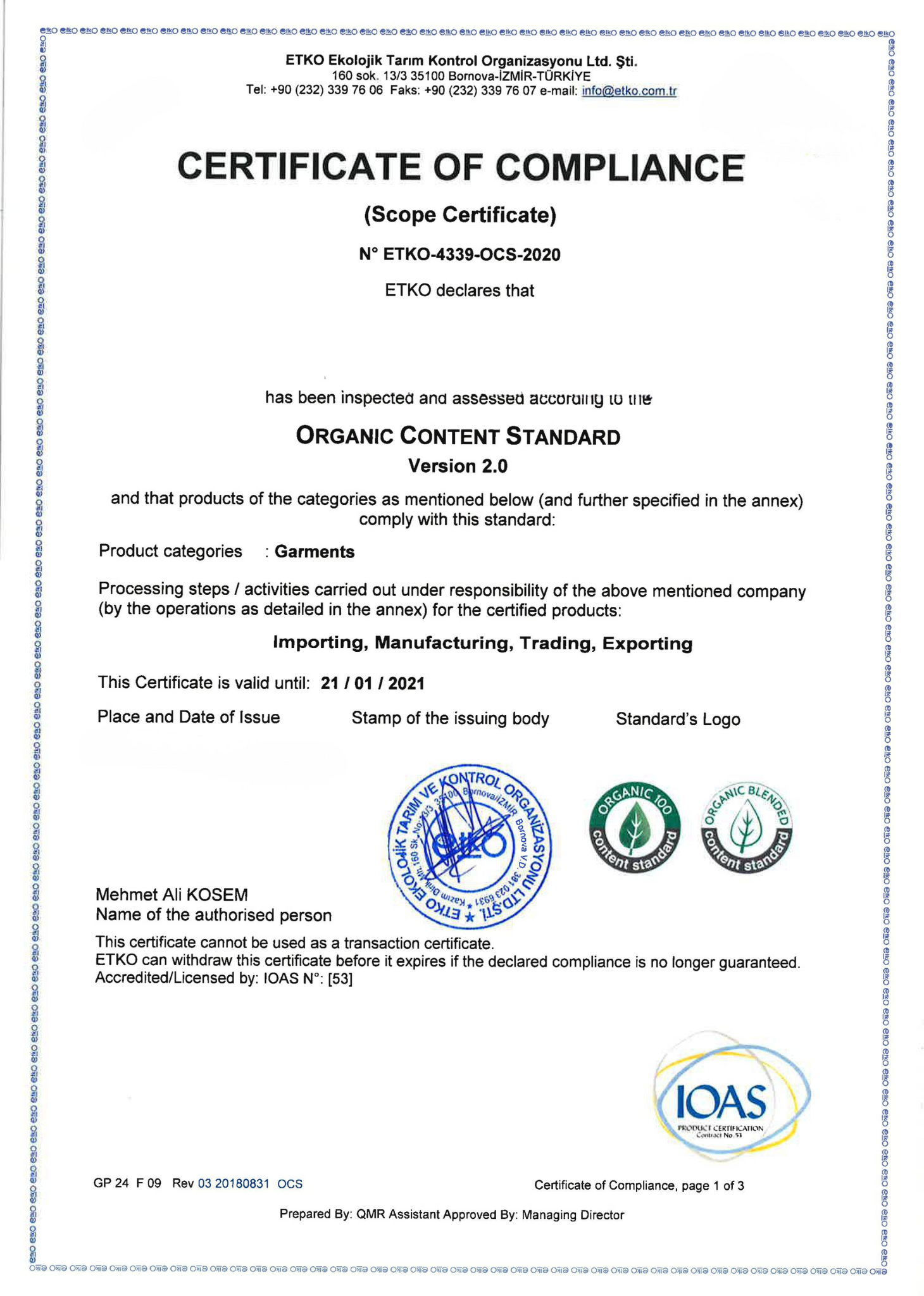 Knitwear Apparel Manufacturing Certifications - Organic Content Standard Certificate