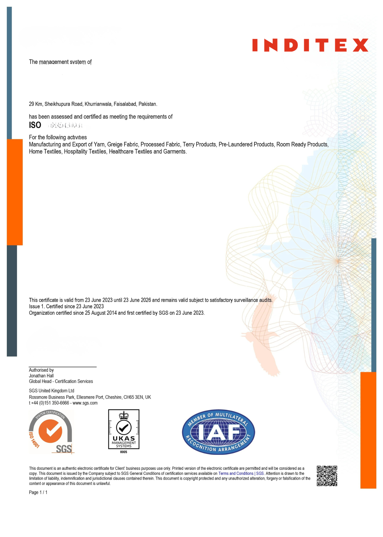 Knitwear Apparel Manufacturing Certifications - Inditex Compliance Certificate