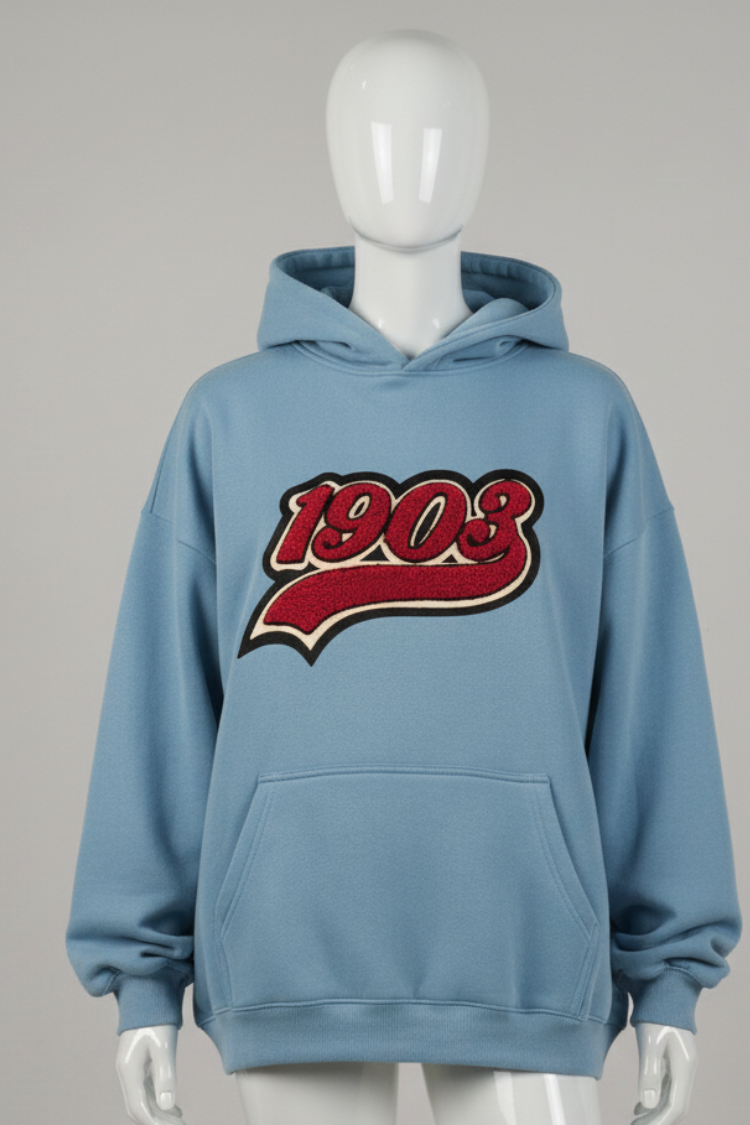 Custom Knitwear sky blue Appliqué Embroidered Hoodie Manufacturing