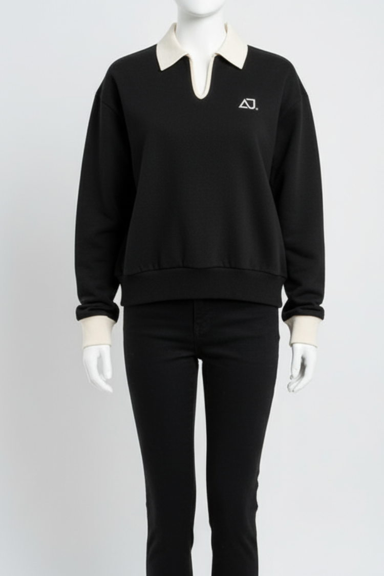 Custom Private Label Knitwear & Apparel Manufacturing - dark Black Full white Sleeves Sweatshirt