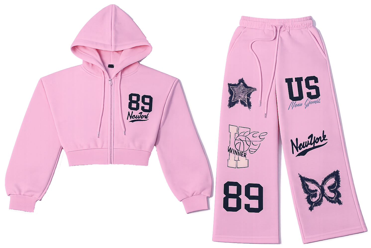 pink 89 new york crop top hoodie, Trouser co ord image | Custom Tracksuit & apparel manufacturer