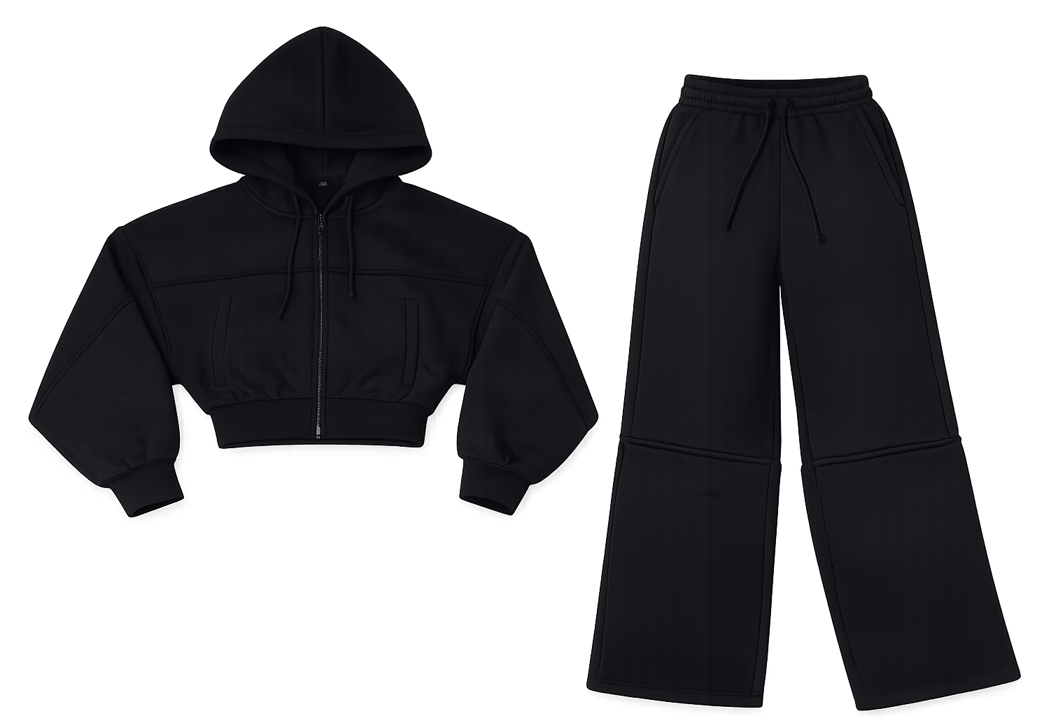 black crop top hoodie, wide leg Trouser co ord image | Custom Tracksuit & apparel manufacturer
