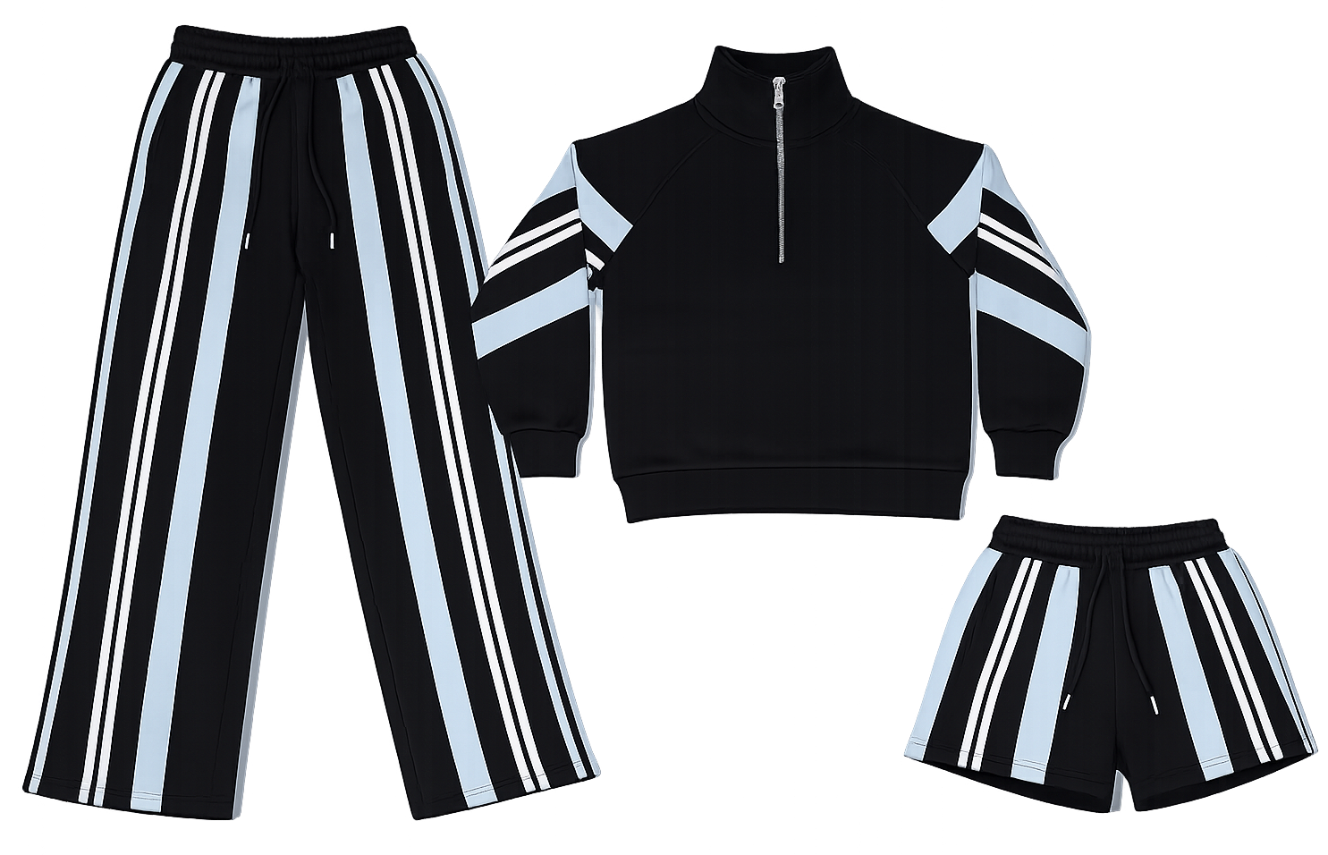 3 piece black blue shirt, short, trouser co ord image | Custom Tracksuit & apparel manufacturer